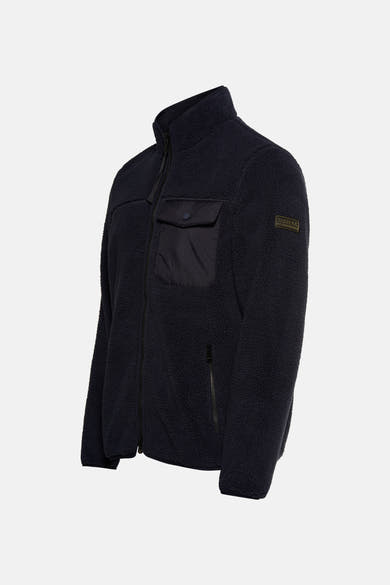 Marineblauwe fleecejas van Barbour International, met opgestikte borstzak en ritssluiting.