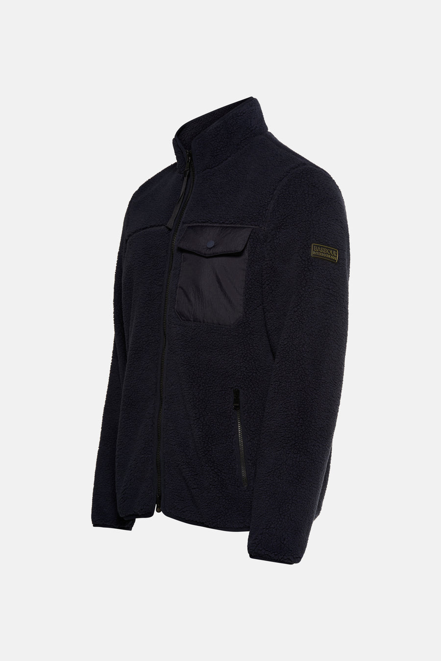 Marineblauwe fleecejas van Barbour International, met opgestikte borstzak en ritssluiting.