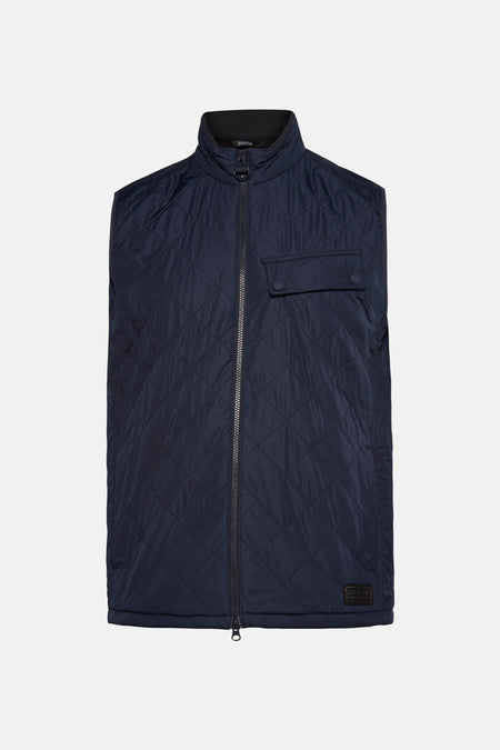 Veste sans manches matelassée bleue de BARBOUR, avec fermeture éclair intégrale et poche poitrine à rabat.