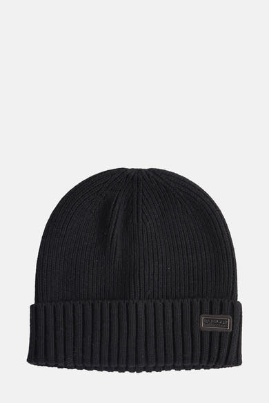 Zwarte BARBOUR muts, geribd gebreid met een discreet rechthoekig logo.
