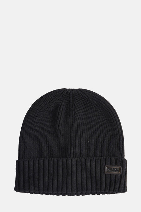 Zwarte BARBOUR muts, geribd gebreid met een discreet rechthoekig logo.