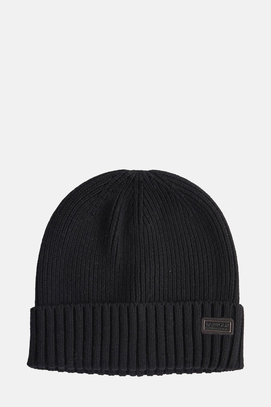 Zwarte BARBOUR muts, geribd gebreid met een discreet rechthoekig logo.