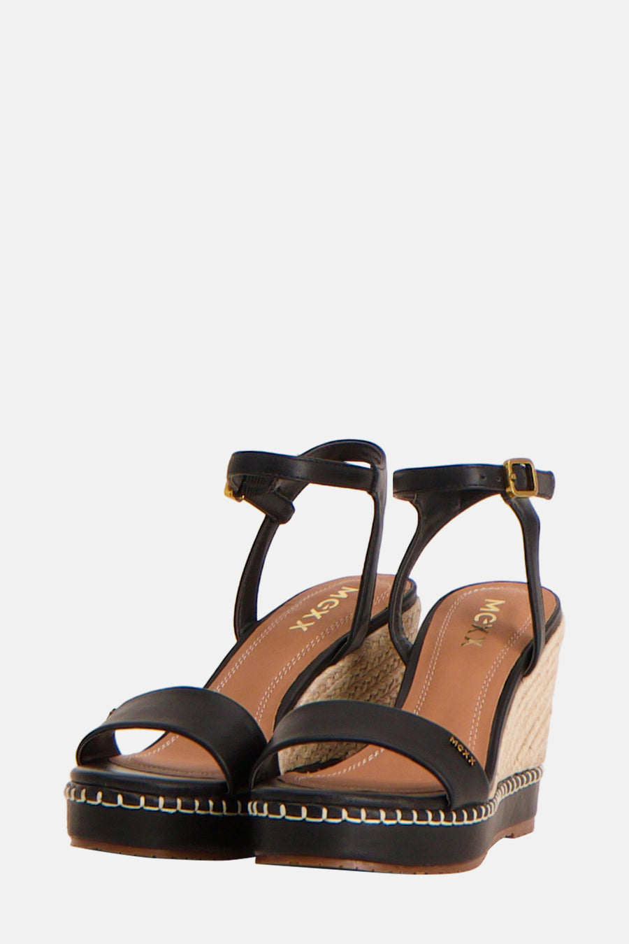 Zwarte pumps van MEXX, met sleehak van gevlochten touw en zwarte enkelband.