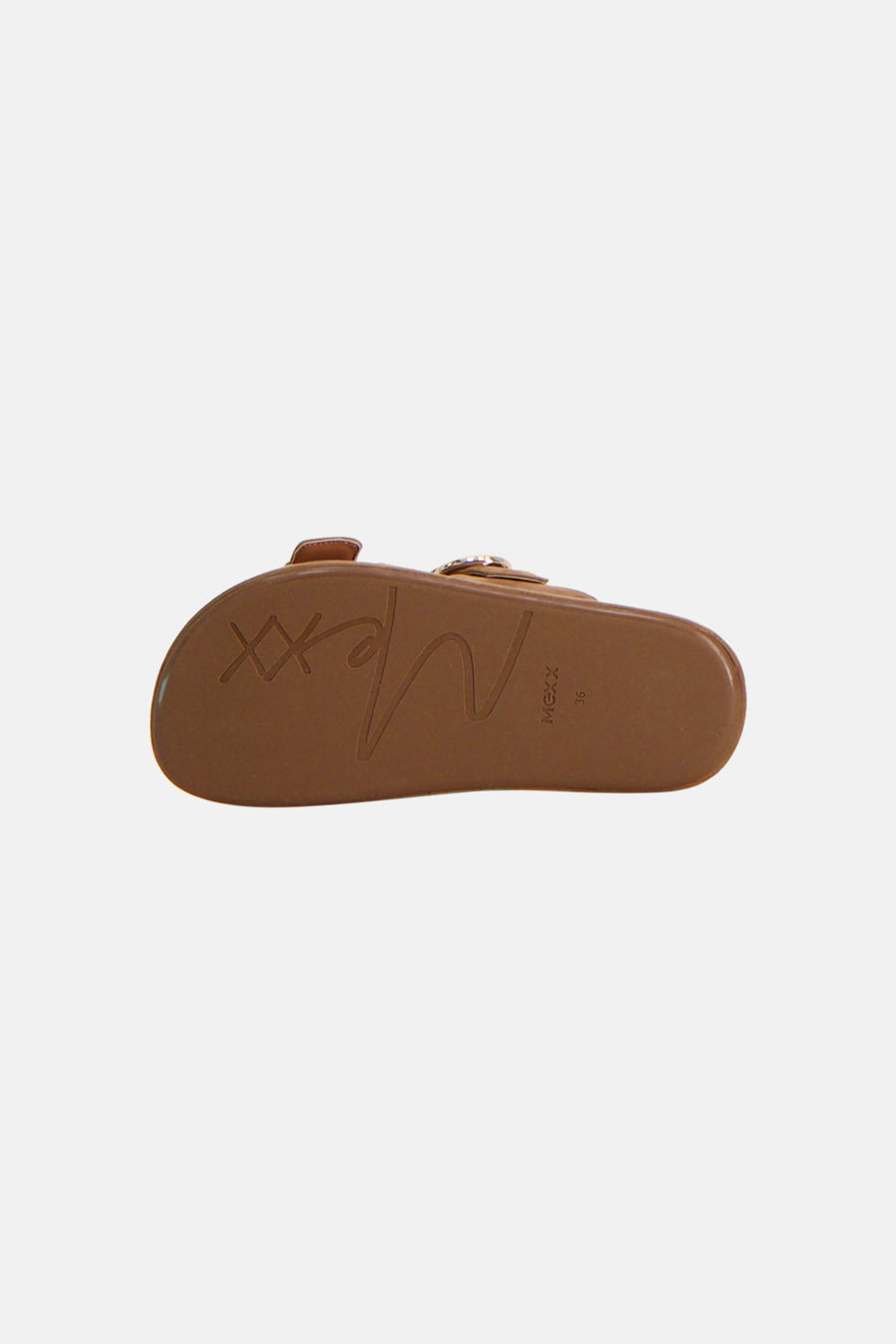 Claquettes brunes de MEXX, semelle marron avec logo et taille 36.