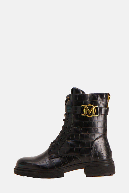 Bottines noires à lacets de MEXX, aspect crocodile avec une boucle décorative dorée.