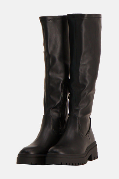 Bottes noires en cuir, de MEXX, avec semelle épaisse crantée et fermeture éclair latérale visible.