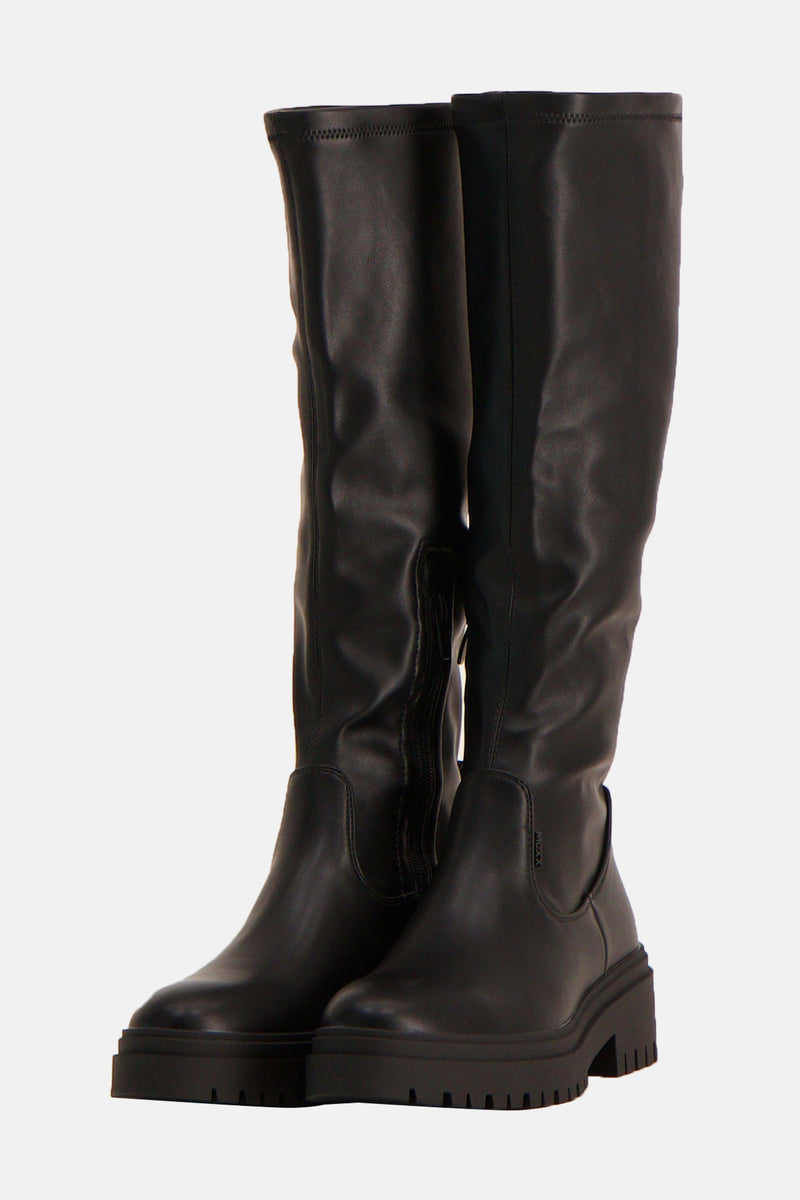 Bottes noires en cuir, de MEXX, avec semelle épaisse crantée et fermeture éclair latérale visible.