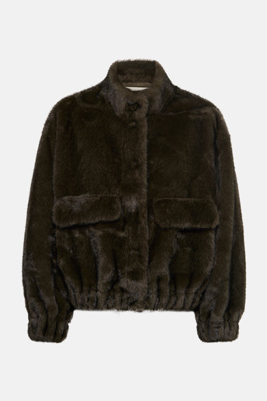 Veste courte kaki ADORE en fausse fourrure, avec poches plaquées et coupe bomber.