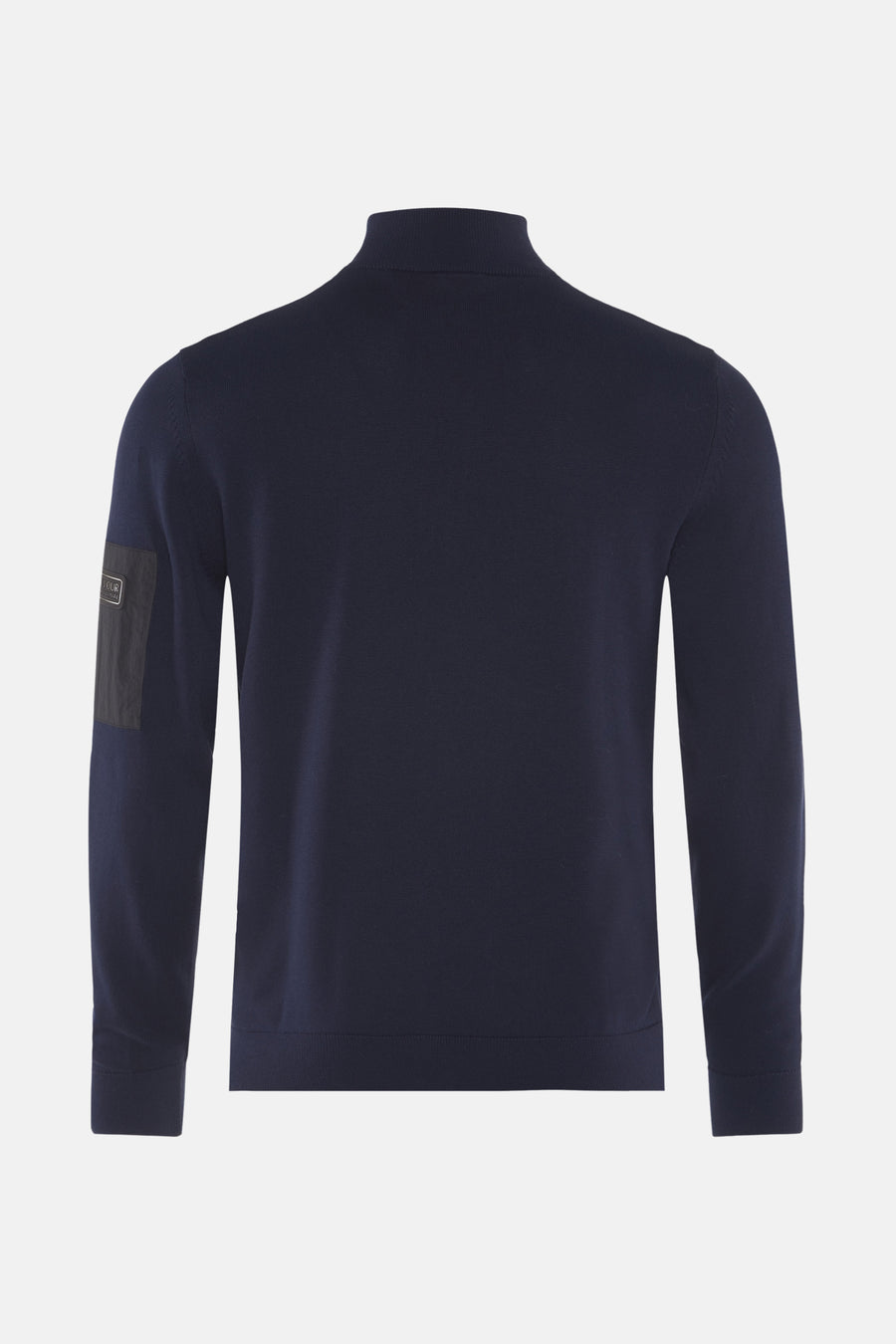 Barbour blauwe coltrui, met een discrete patch op de linkermouw.