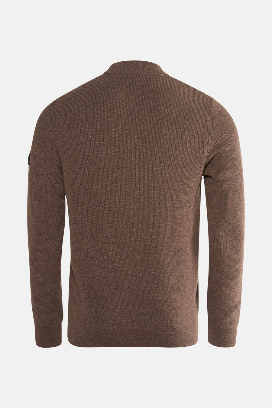 Barbour ronde hals trui bruin, geribd gebreid, achterzijde.