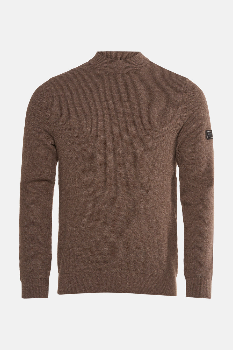 Ronde hals trui van BARBOUR in bruin, met ribgebreide stof en een logo-embleem op de mouw.