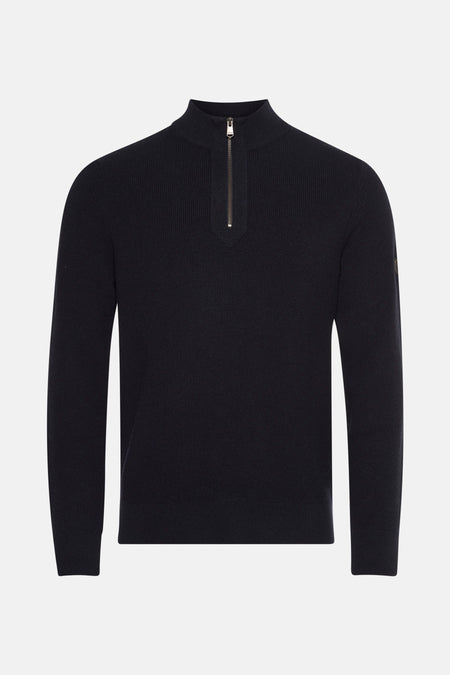 Barbour blauwe coltrui, in fijne ribgebreide stof met een zachte textuur.