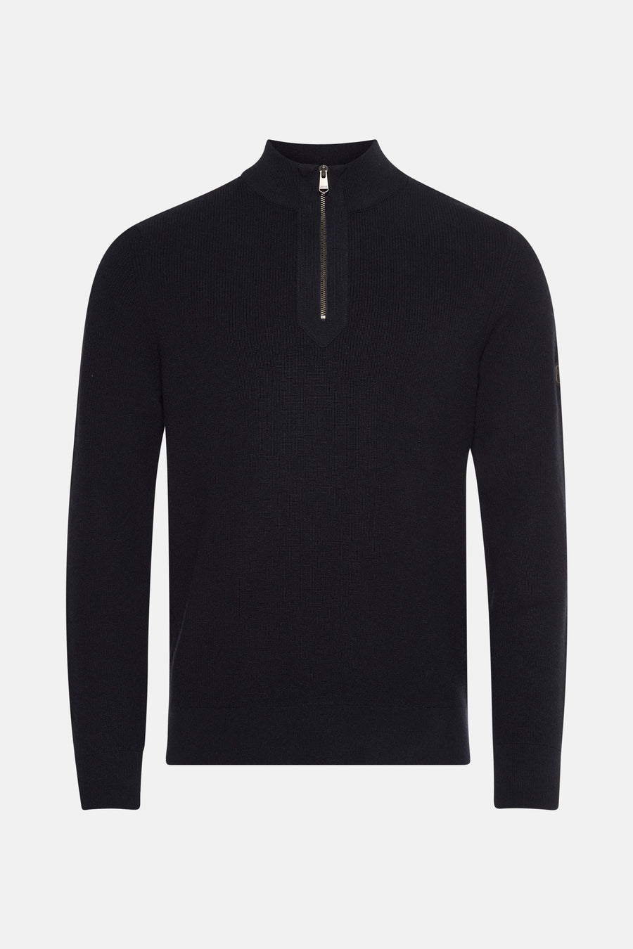Barbour blauwe coltrui, in fijne ribgebreide stof met een zachte textuur.