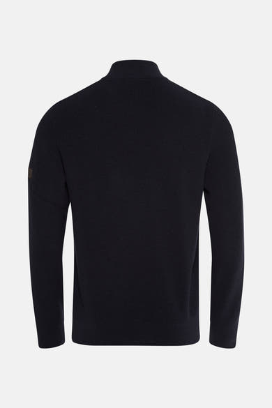 Blauwe coltrui van Barbour International, met ritssluiting en logo op de mouw.