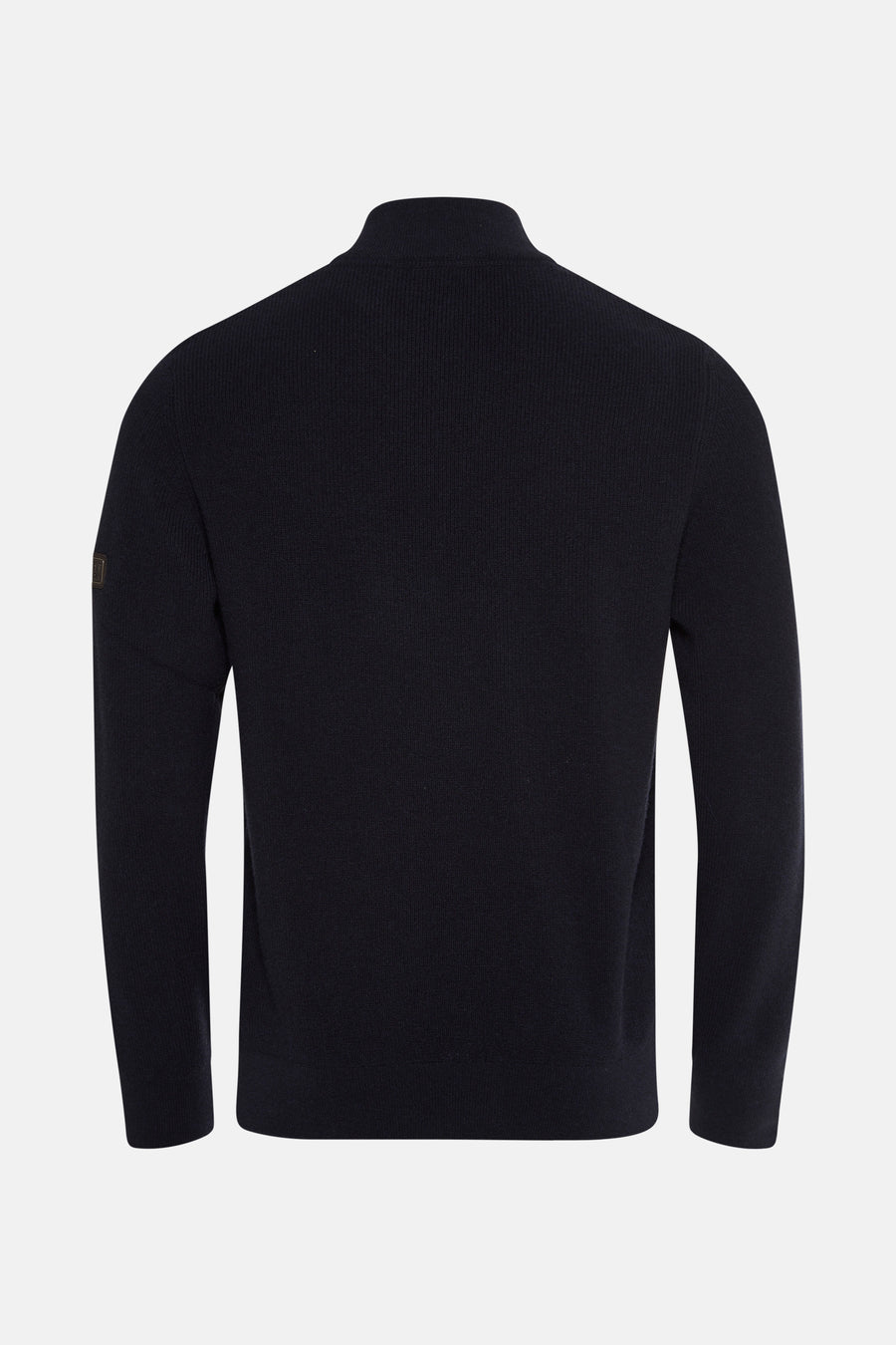 Blauwe coltrui van Barbour International, met ritssluiting en logo op de mouw.
