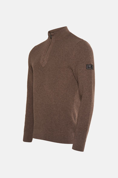 Bruine coltrui van BARBOUR INTERNATIONAL met korte ritssluiting en logo op de mouw.