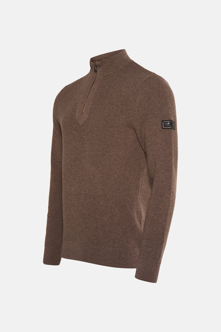 Bruine coltrui van BARBOUR INTERNATIONAL met korte ritssluiting en logo op de mouw.