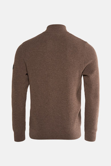 Bruine coltrui van BARBOUR, in ribgebreid met een opstaande kraag.