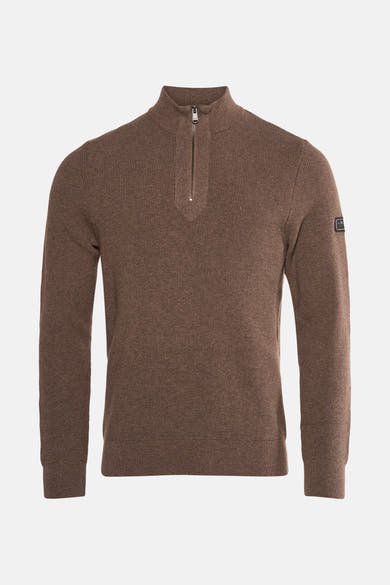 Bruine coltrui van BARBOUR met korte ritssluiting en logopatch op de mouw.