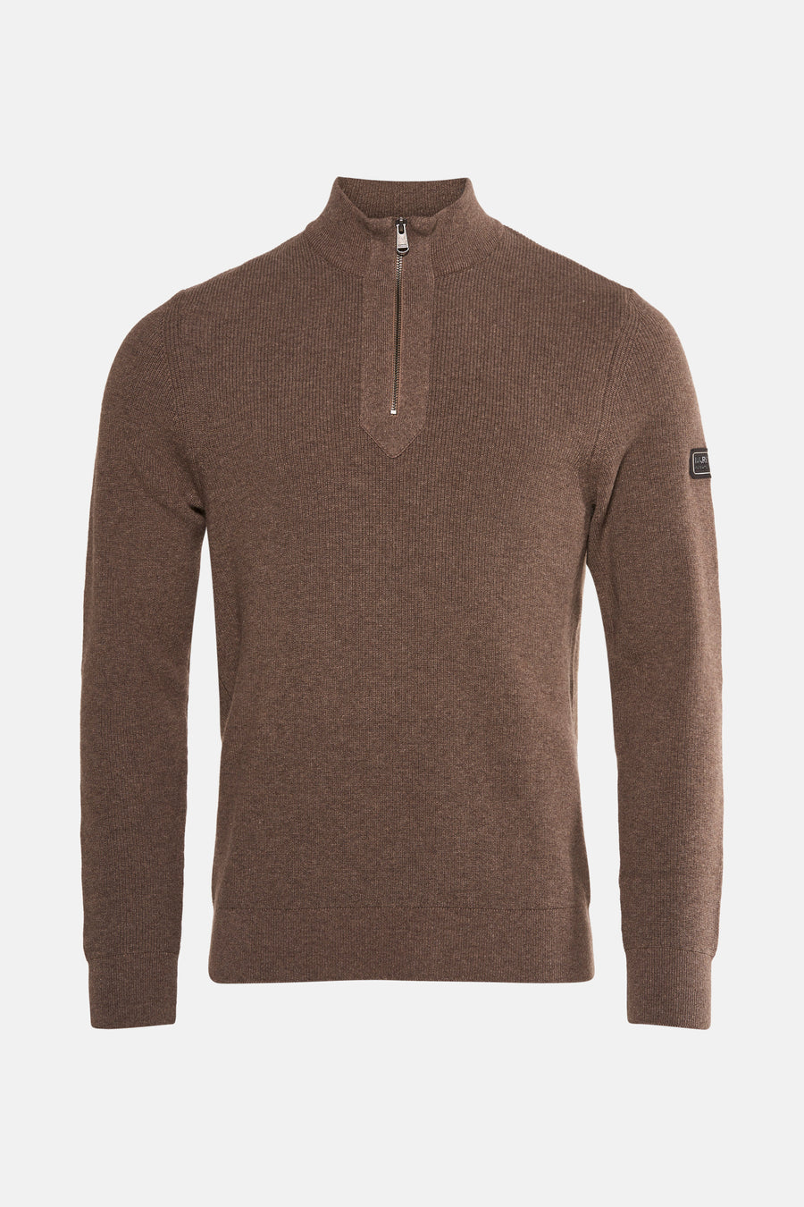 Bruine coltrui van BARBOUR met korte ritssluiting en logopatch op de mouw.