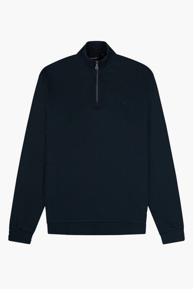 Blauwe sweater met opstaande kraag van LYLE & SCOTT, met ritssluiting en geborduurd ton-sur-ton logo.