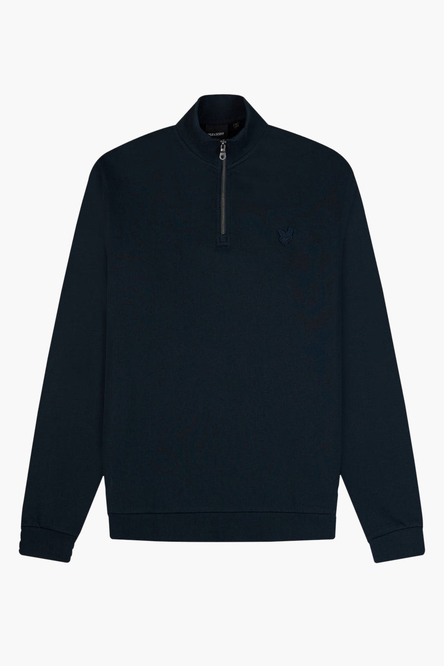 Blauwe sweater met opstaande kraag van LYLE & SCOTT, met ritssluiting en geborduurd ton-sur-ton logo.