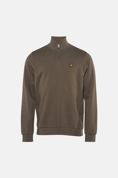 Khaki ribbed half-zip sweatshirt by Lyle & Scott with small yellow eagle logo on chest, front view