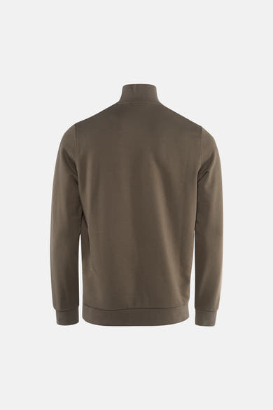 Khaki high-neck sweatshirt back view, ribbed cuffs and hem, solid color, textured fabric