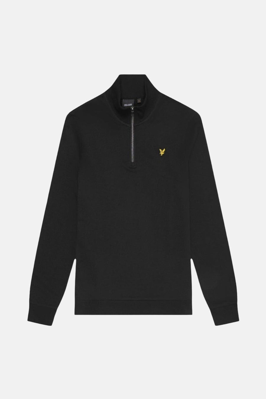Zwarte geripte sweater met rits van Lyle & Scott, met opstaande kraag en geborduurd logo.