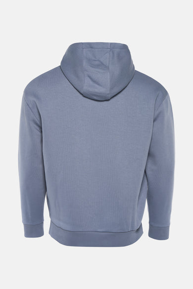 Sweat à capuche bleu de LYLE & SCOTT, vue arrière avec capuche doublée et bordures côtelées.

