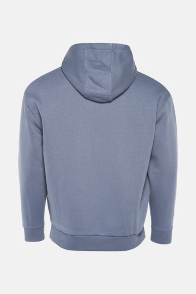 Sweat à capuche bleu de LYLE & SCOTT, vue arrière avec capuche doublée et bordures côtelées.

