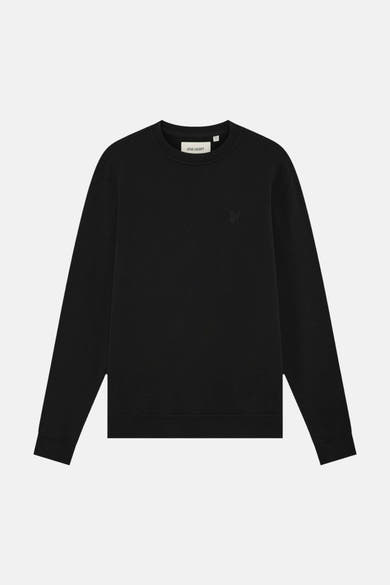 Black crewneck sweatshirt by Lyle & Scott with subtle embroidered logo on chest, front view, soft cotton blend texture