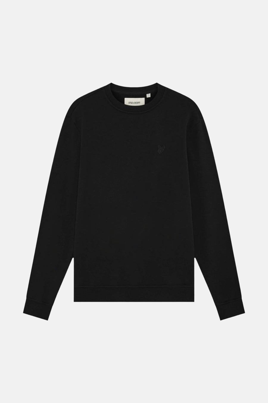 Black crewneck sweatshirt by Lyle & Scott with subtle embroidered logo on chest, front view, soft cotton blend texture