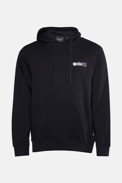 Zwarte hoodie van Lyle & Scott, versierd met een meerkleurig uitgesneden 'Legacy'-logo, met trekkoord.