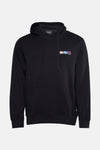 Zwarte hoodie van Lyle & Scott, versierd met een meerkleurig uitgesneden 'Legacy'-logo, met trekkoord.