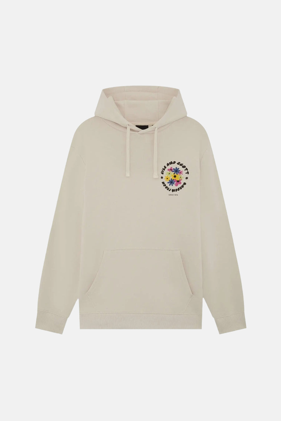 Sweat à capuche écru de LYLE & SCOTT avec un motif floral coloré sur la poitrine et une poche kangourou.
