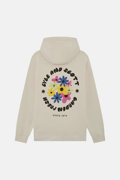 Sweat à capuche écru de LYLE & SCOTT avec un grand imprimé floral coloré et texte au dos.