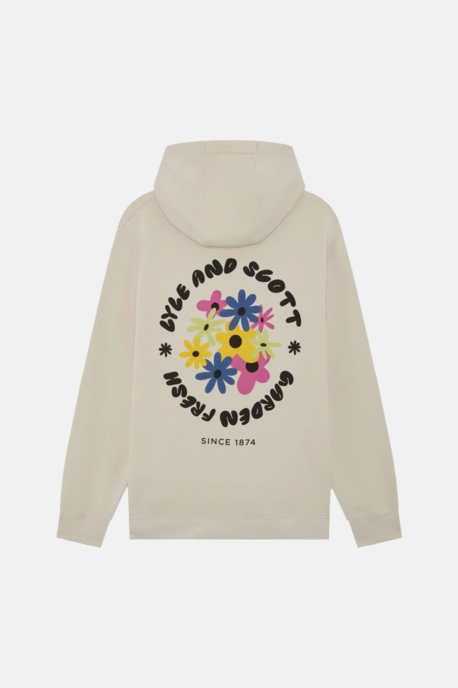 Sweat à capuche écru de LYLE & SCOTT avec un grand imprimé floral coloré et texte au dos.