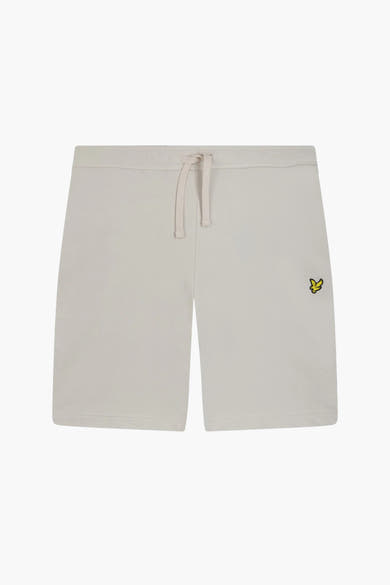 Korte beige short van LYLE & SCOTT met trekkoord en geborduurd logo aan de voorkant.