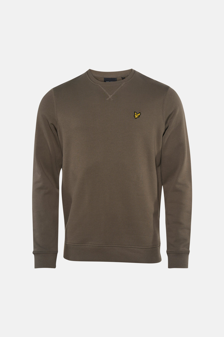 Khaki crewneck sweatshirt by Lyle & Scott with small yellow bird logo on chest, ribbed cuffs and hem, front view