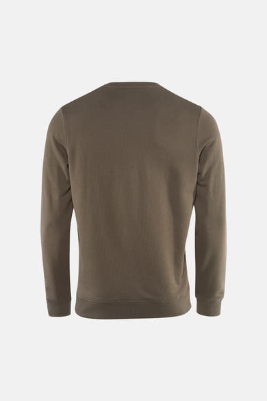 Khaki crewneck sweatshirt back view with ribbed cuffs and hem, plain texture, long sleeves