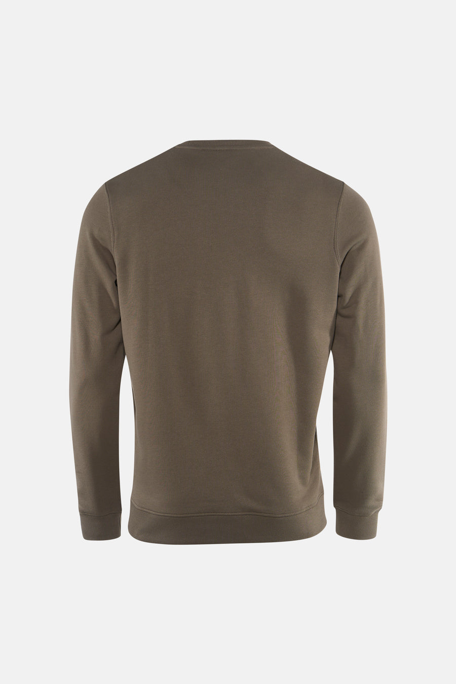 Khaki crewneck sweatshirt back view with ribbed cuffs and hem, plain texture, long sleeves