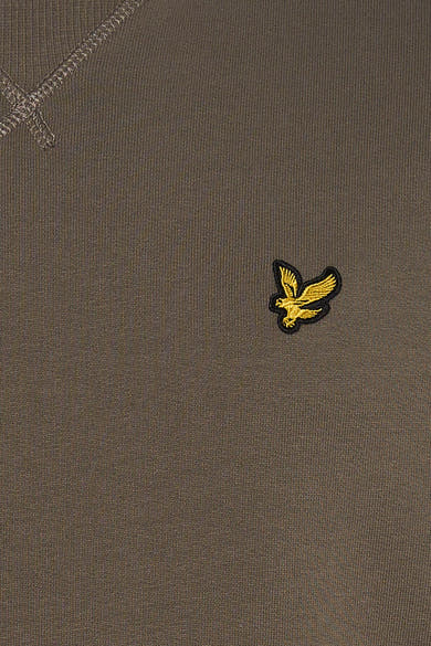 Khaki crewneck sweatshirt with ribbed texture and gold embroidered eagle patch on chest, close-up view