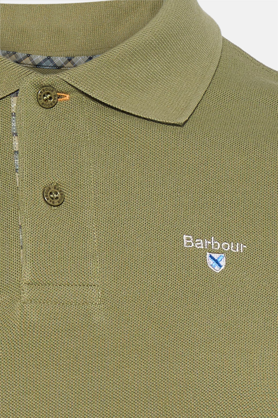 Polo vert à manches courtes de BARBOUR CLASSIC en tissu piqué, avec logo brodé et col à doublure écossaise.
