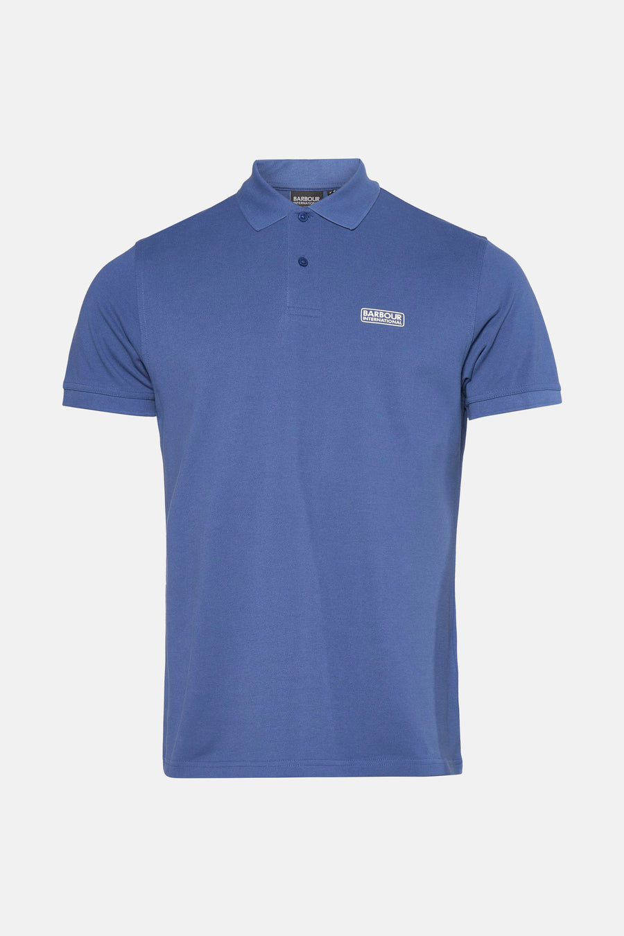 Polo à manches courtes bleu de Barbour International, avec logo sur la poitrine et patte de boutonnage.