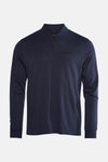 Blauwe Barbour polo met lange mouwen, gedeeltelijke ritssluiting en toon-op-toon geborduurd logo.