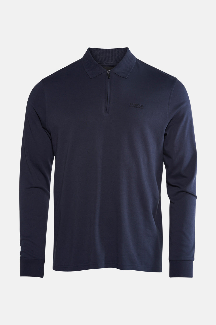 Blauwe Barbour polo met lange mouwen, gedeeltelijke ritssluiting en toon-op-toon geborduurd logo.