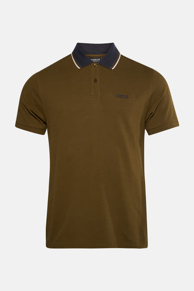 Barbour poloshirt met korte mouwen, marineblauw en wit contrastkraag, klassieke pasvorm.
