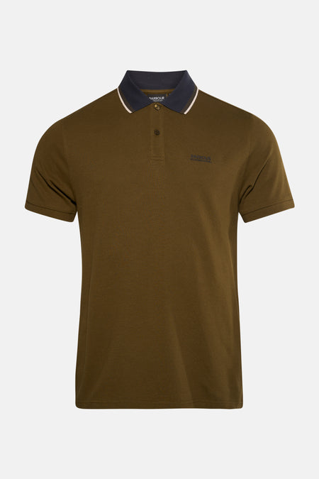 Barbour poloshirt met korte mouwen, marineblauw en wit contrastkraag, klassieke pasvorm.
