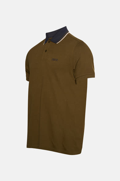 Barbour International poloshirt met korte mouwen, met marineblauwe contrasterende kraag en nette details.